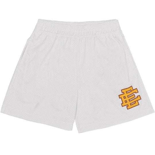 Boys white mesh sports shorts with elastic waist and embroidered side logo