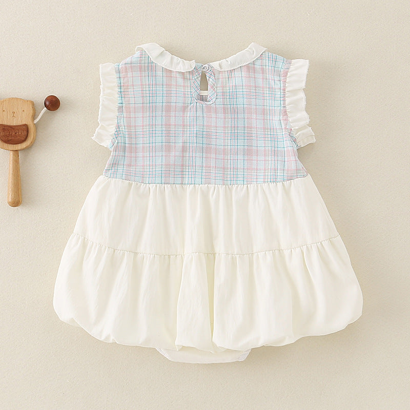 Newborn Baby Summer Romper Dress, Cute Cartoon Onesie for Girls Checkered Bodysuit