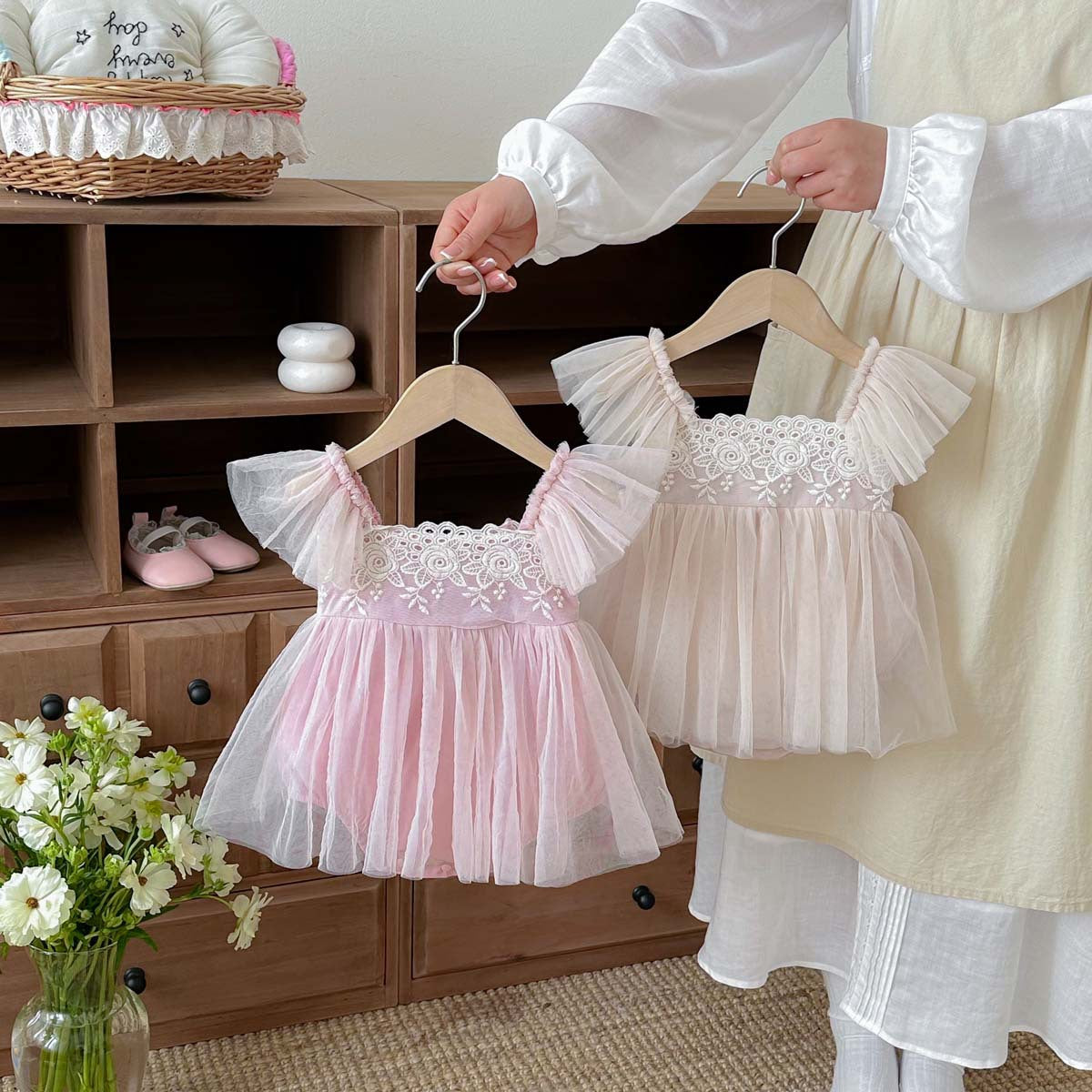 Baby Summer Lace Trim Flutter Sleeve Bodysuit Dress, Girl Baby Full Moon First Birthday Princess Dress, Tulle Dress