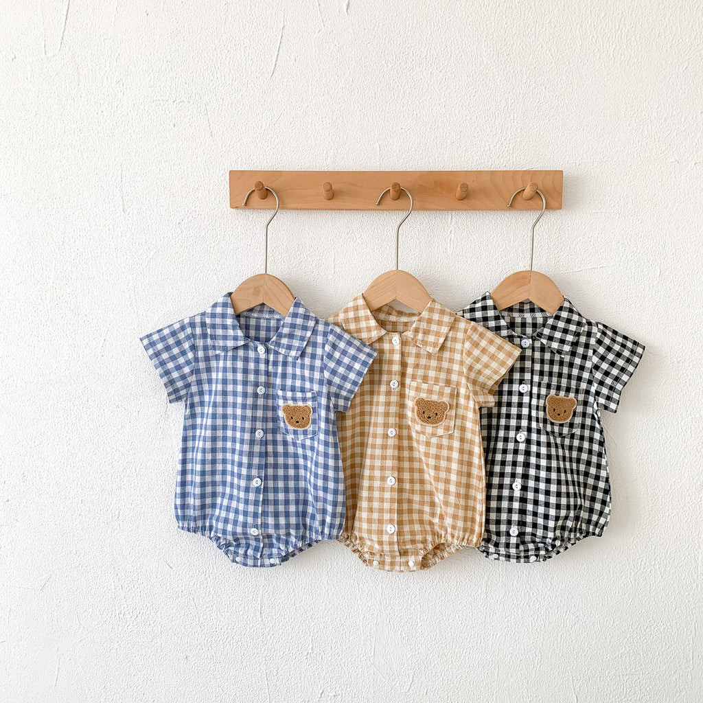 Summer Boy's Gentleman Collar Romper with Plaid Bear Pattern Lightweight Baby Onesie