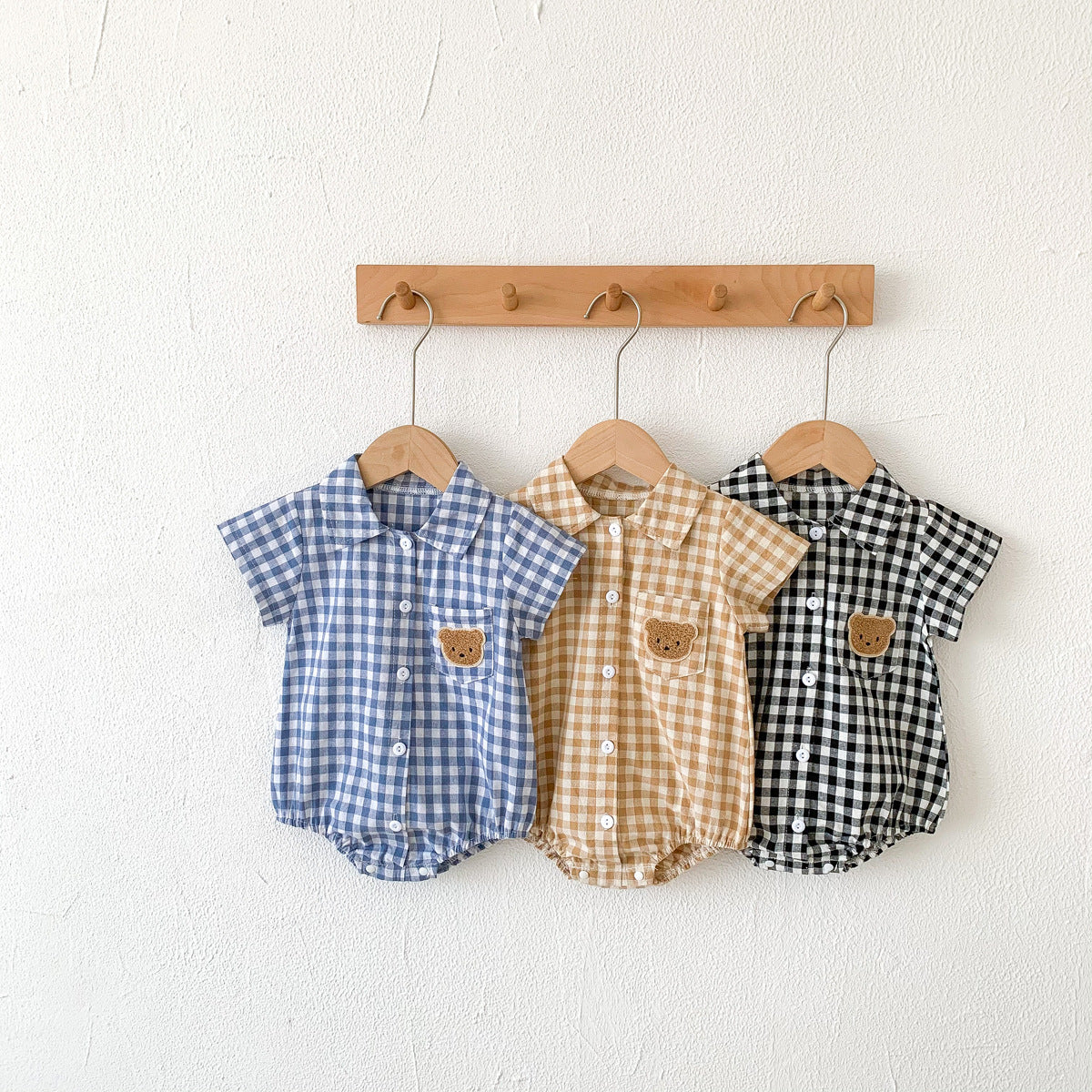 Summer Boy's Gentleman Collar Romper with Plaid Bear Pattern Lightweight Baby Onesie