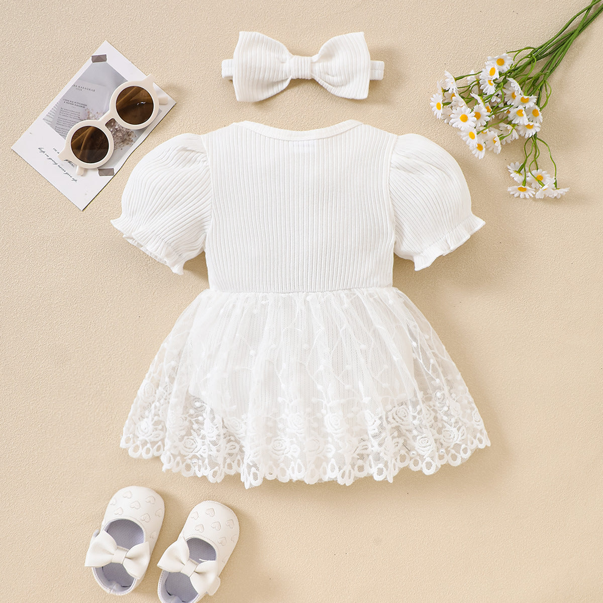 Cotton Knit Baby Romper with Ruffle Hem, Short SleeveBreathable Mesh Fabric, Summer Outfit for Infants and Toddlers