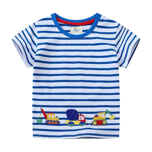 Kids round-neck striped T-shirt with colorful train embroidery
