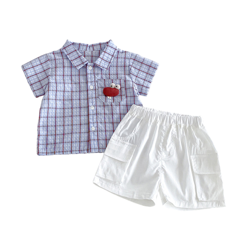 Summer New Infant and Toddler 3D Cartoon Checkered Short-Sleeve Shirt with Lightweight Work-Style Shorts Two-Piece Set