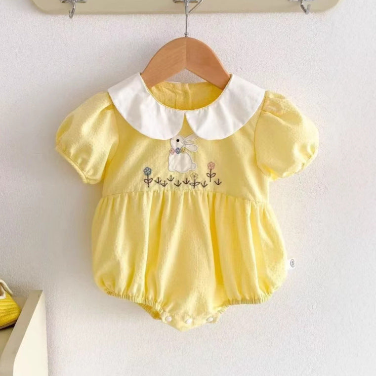 Baby Embroidered Triangular Romper 0-1 Years Summer  Sweet Crawling Suit for Girls, Full-Bodied Onesie