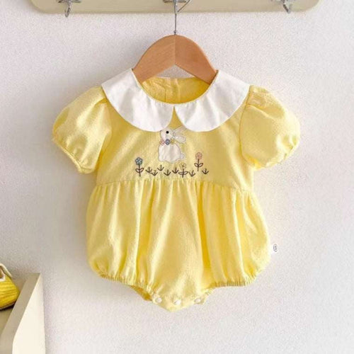 Yellow baby embroidered triangular romper with white Peter Pan collar and short sleeves