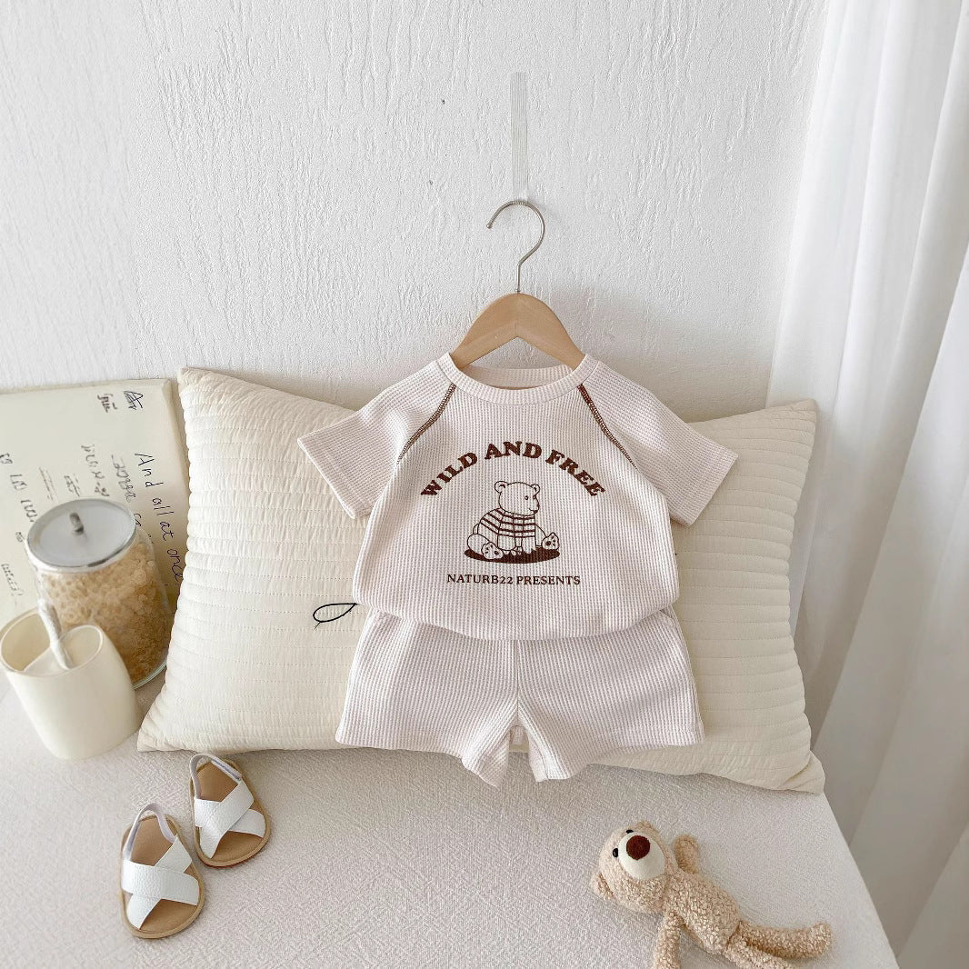 Infant and Toddler Clothes Set - Baby Summer Casual Waffle Knit Short Sleeve T-Shirt and Shorts Two-Piece Set