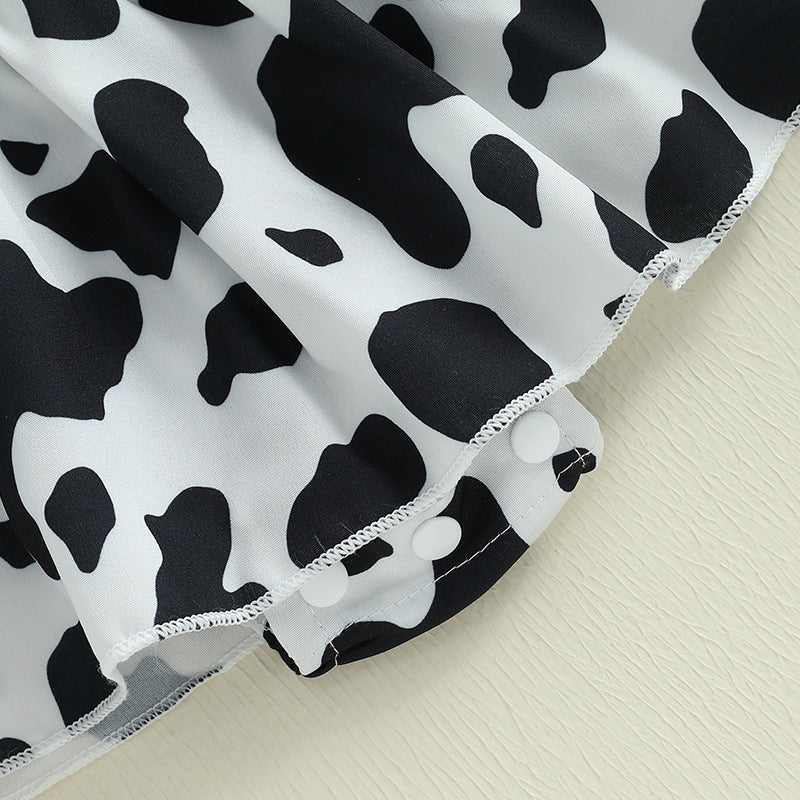 Cute Baby Cow Print Halter Bodysuit with Cow Applique, Lace Trim Skirt + Headband