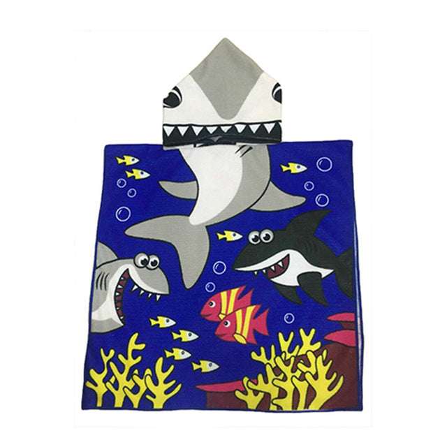 Kids hooded beach towel, navy ocean sharks and fish cartoon print