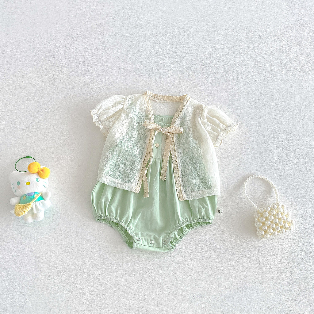 Cute Lace Puff Sleeve Cardigan Thin Outerwear with Matching Romper Set for Baby Girls Summer New Style