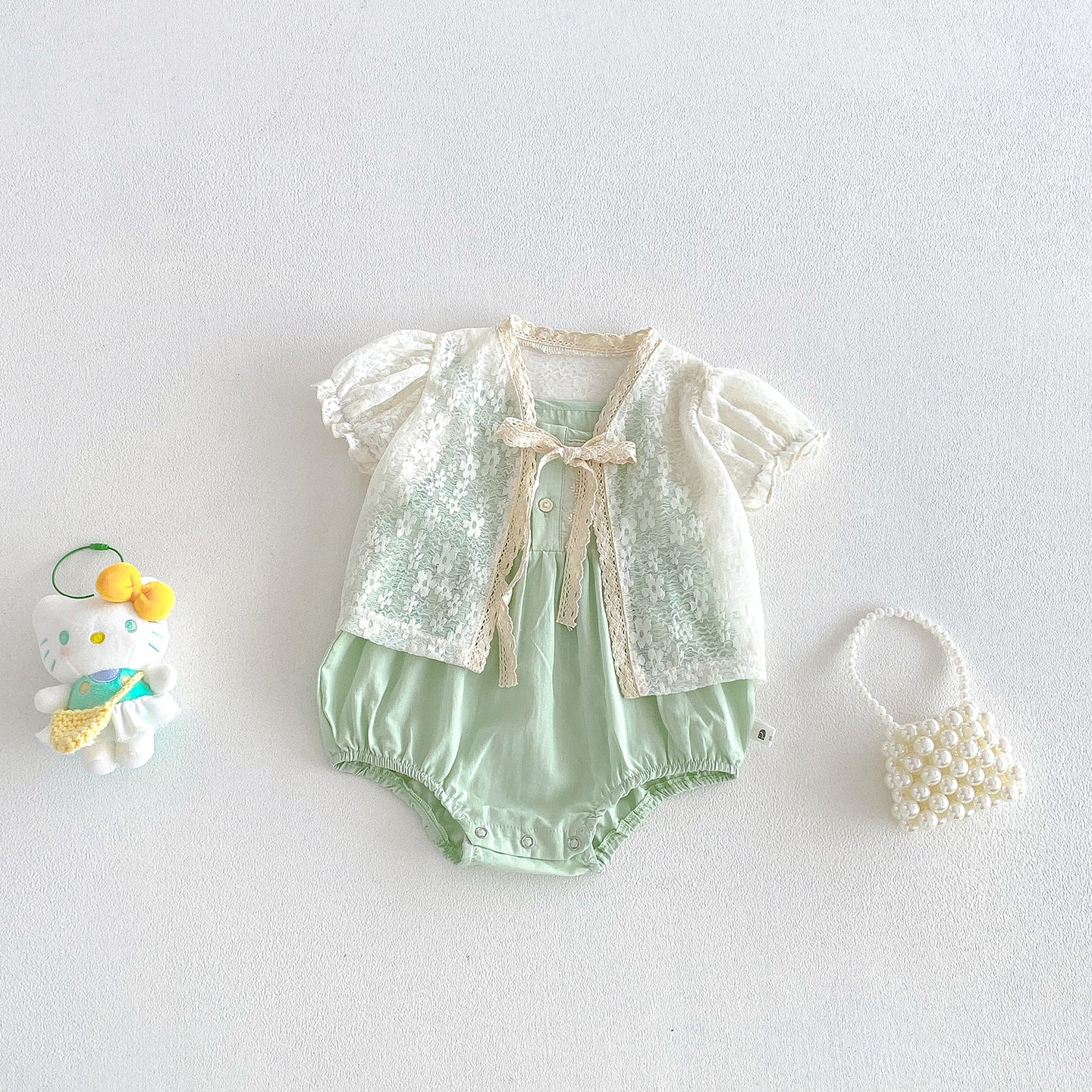 Cute Lace Puff Sleeve Cardigan Thin Outerwear with Matching Romper Set for Baby Girls Summer New Style