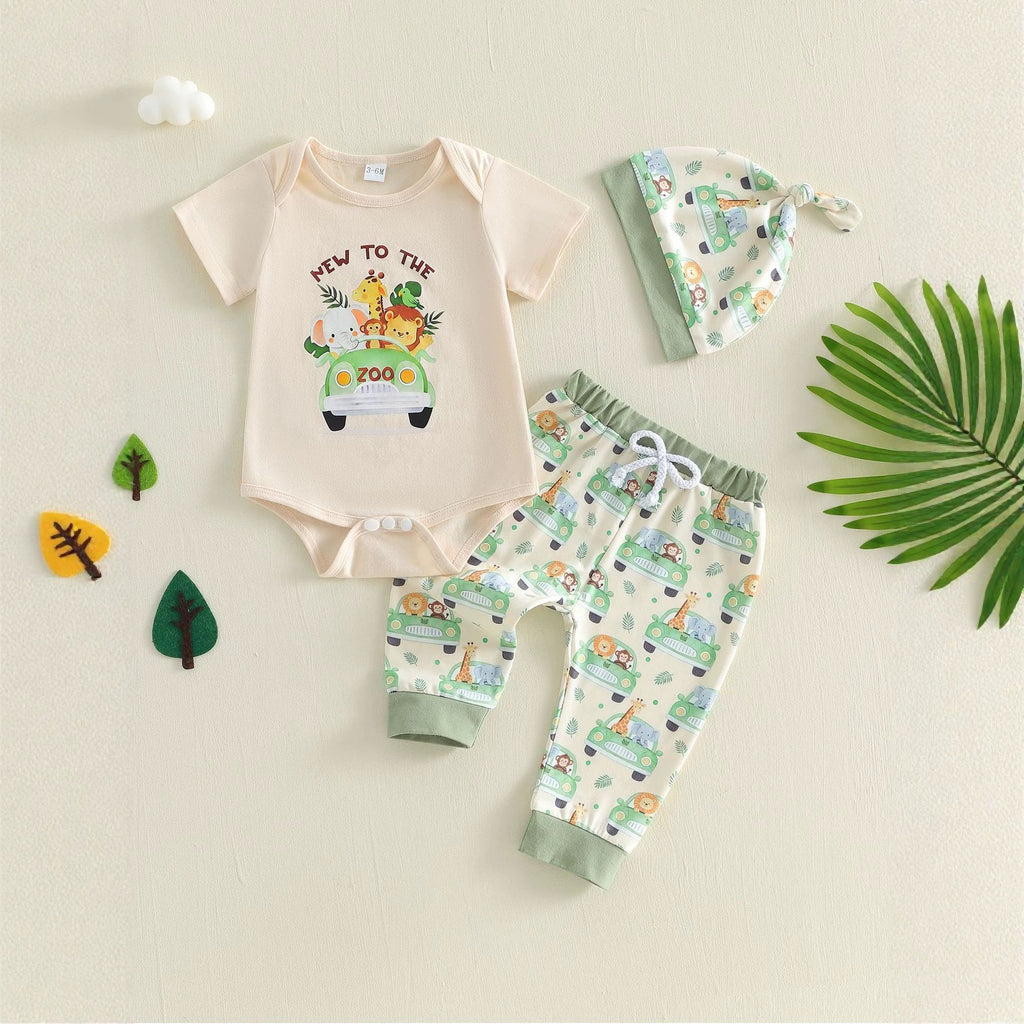 Summer Baby Cotton 3-Piece Set Cartoon Animal Print Short Sleeve Long Pants Outfit Unisex Baby Cute Loungewear