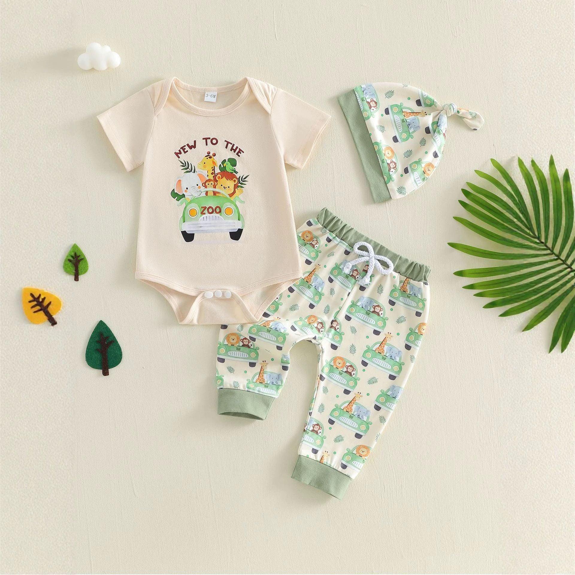 Summer Baby Cotton 3-Piece Set Cartoon Animal Print Short Sleeve Long Pants Outfit Unisex Baby Cute Loungewear