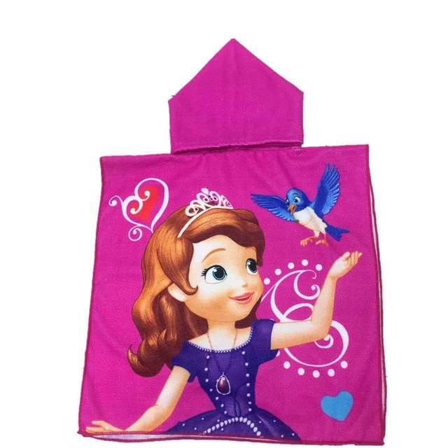 Kids hooded beach towel, magenta princess holding bird cartoon print