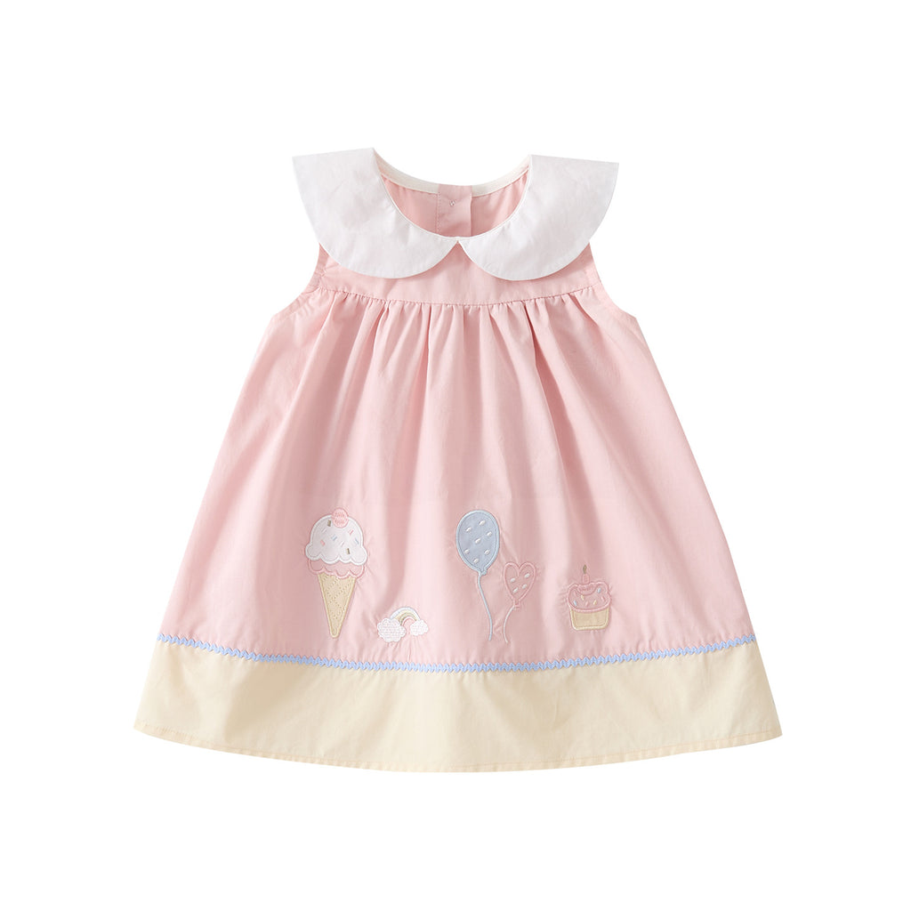 Summer New Style Baby Sweet Cartoon Cotton Backless Dress, Baby Charming Peter Pan Collar Dress