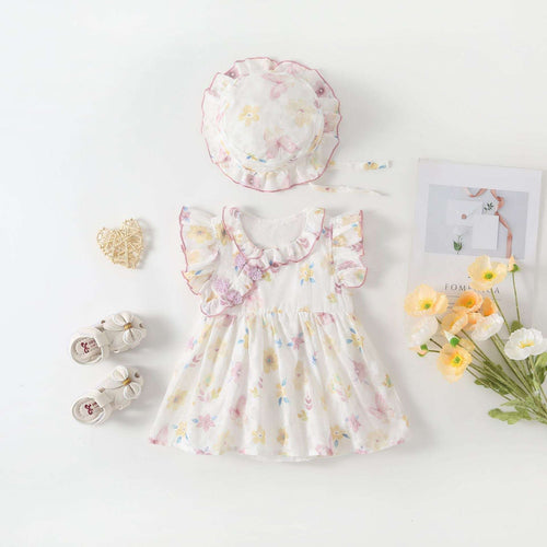 Baby girl hanfu romper dress with pastel floral print, gathered ruffle bodice, short puff sleeves