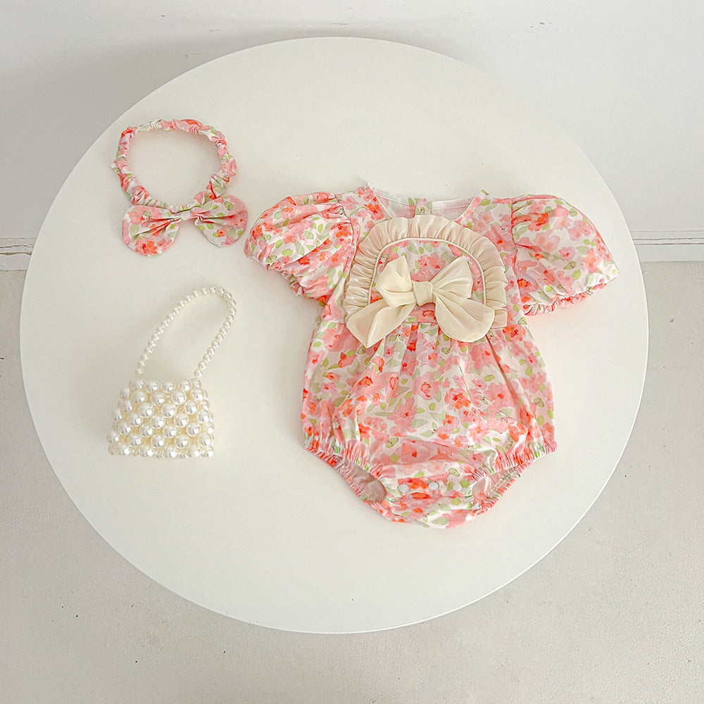 Summer Girls' Matching Floral Dresses, Baby Short Sleeve Rompers, Infant Triangular Bodysuits, Princess Dresses