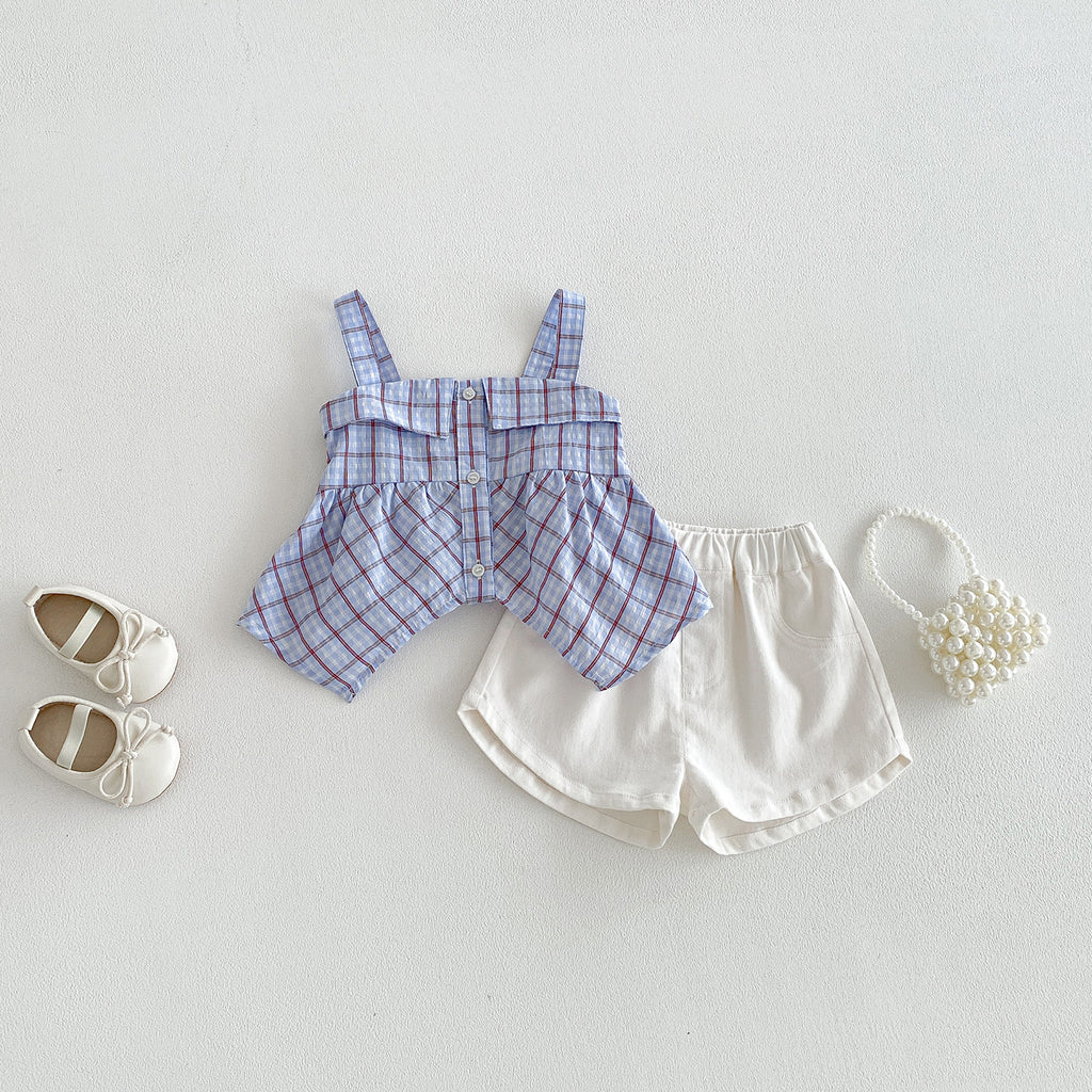 Plaid Strap Top and Lightweight Casual Cotton Shorts for Baby Girls
