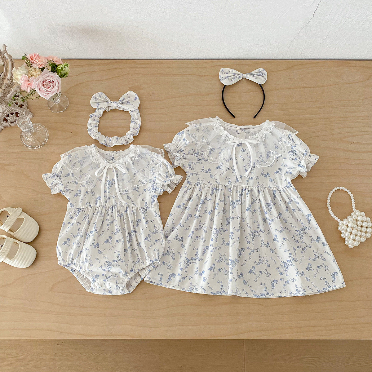 Cute Baby Short Sleeve Triangular Romper with Lace Collar Princess Dress Fashion Twin Set