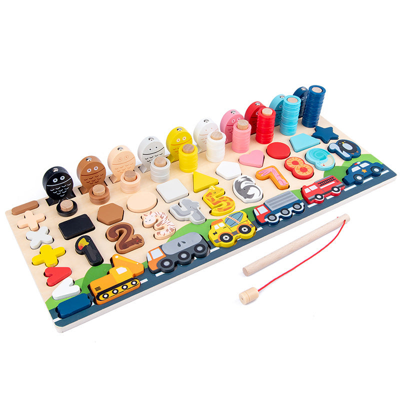 7-In-1 Traffic Logarithmic Board Children's Educational Development Early Childhood Educational Puzzle Building Blocks Fishing Toys