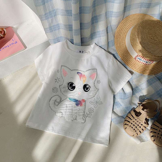 Kids white short-sleeve T-shirt with cute cat brick-style print and bow