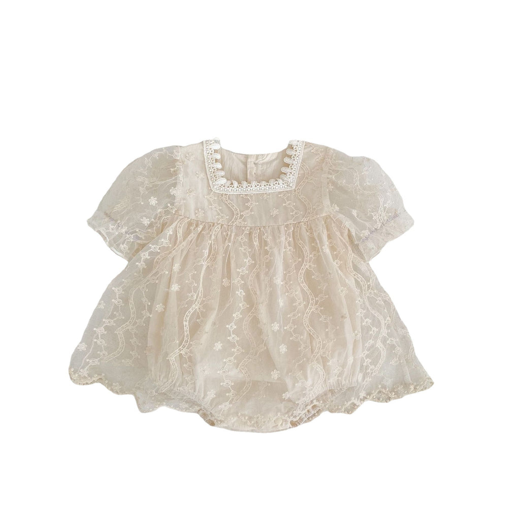 Baby Romper Short Sleeve Mesh Onesie Sweet Princess Embroidered Baby Dress Outfit for Celebration Crawling Suit
