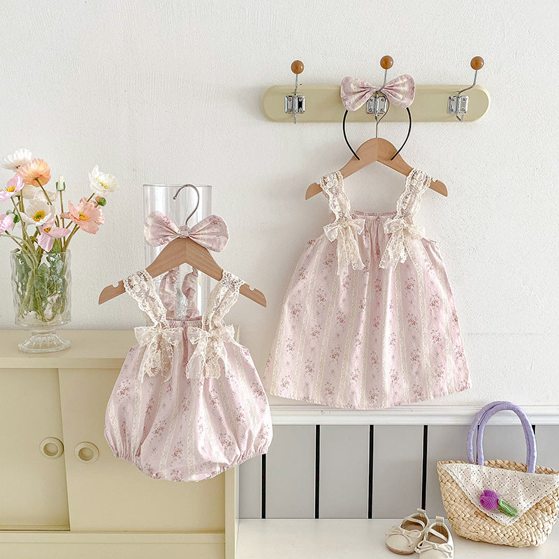 Cute Floral Baby Girl Romper with Lace Butterfly Ties Sleeveless Dress for Summer
