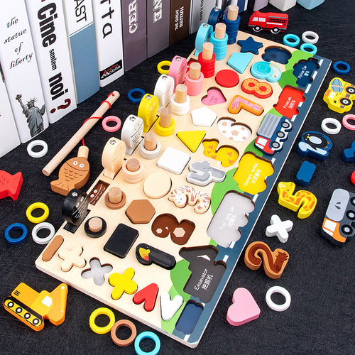 7-In-1 Traffic Logarithmic Board Children's Educational Development Early Childhood Educational Puzzle Building Blocks Fishing Toys