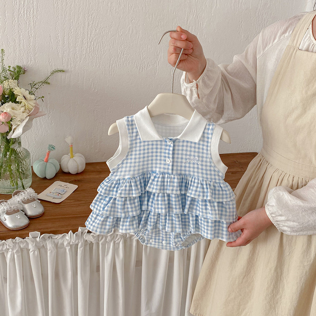 Summer New Baby Girl Checkered Princess Dress, Sleeveless Romper with Open Crotch, Baby Bodysuit Skirt