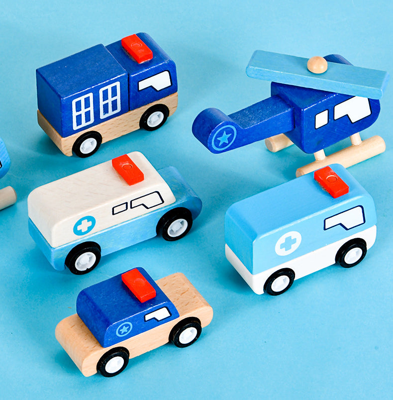 Wooden Children's Multifunctional Engineering Vehicle Ambulance Simulation Fire Truck Early Education Parent-Child Interactive Educational Toys