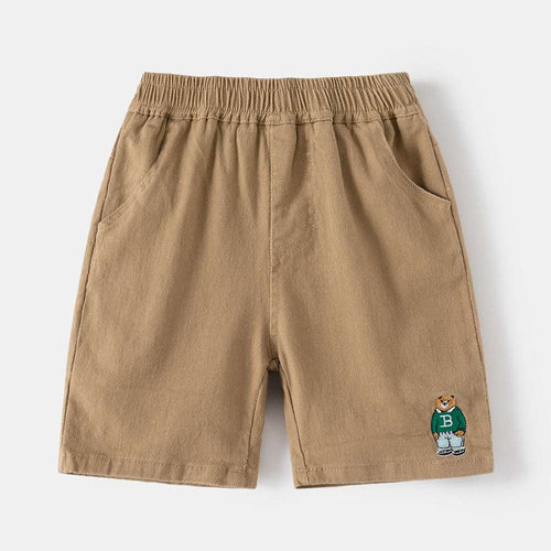 Tan boys casual shorts with elastic waistband and cartoon patch embroidery on the hem