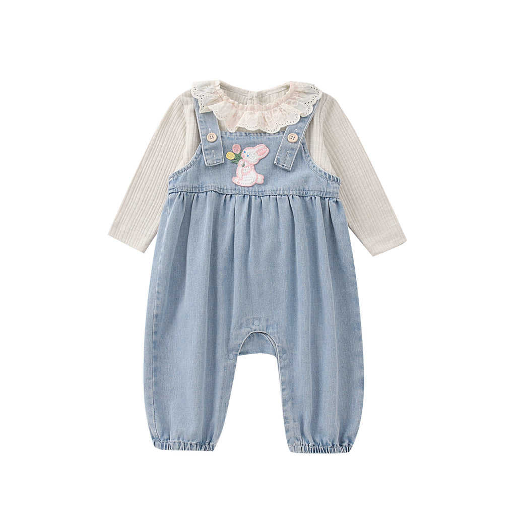 Baby Spring New Rabbit Ears Overalls Set, Girl Baby Lace Shirt Bodysuit Two-Piece Set