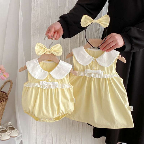 Baby girls' pale yellow sleeveless romper dress with white collar ruffles and yellow bow