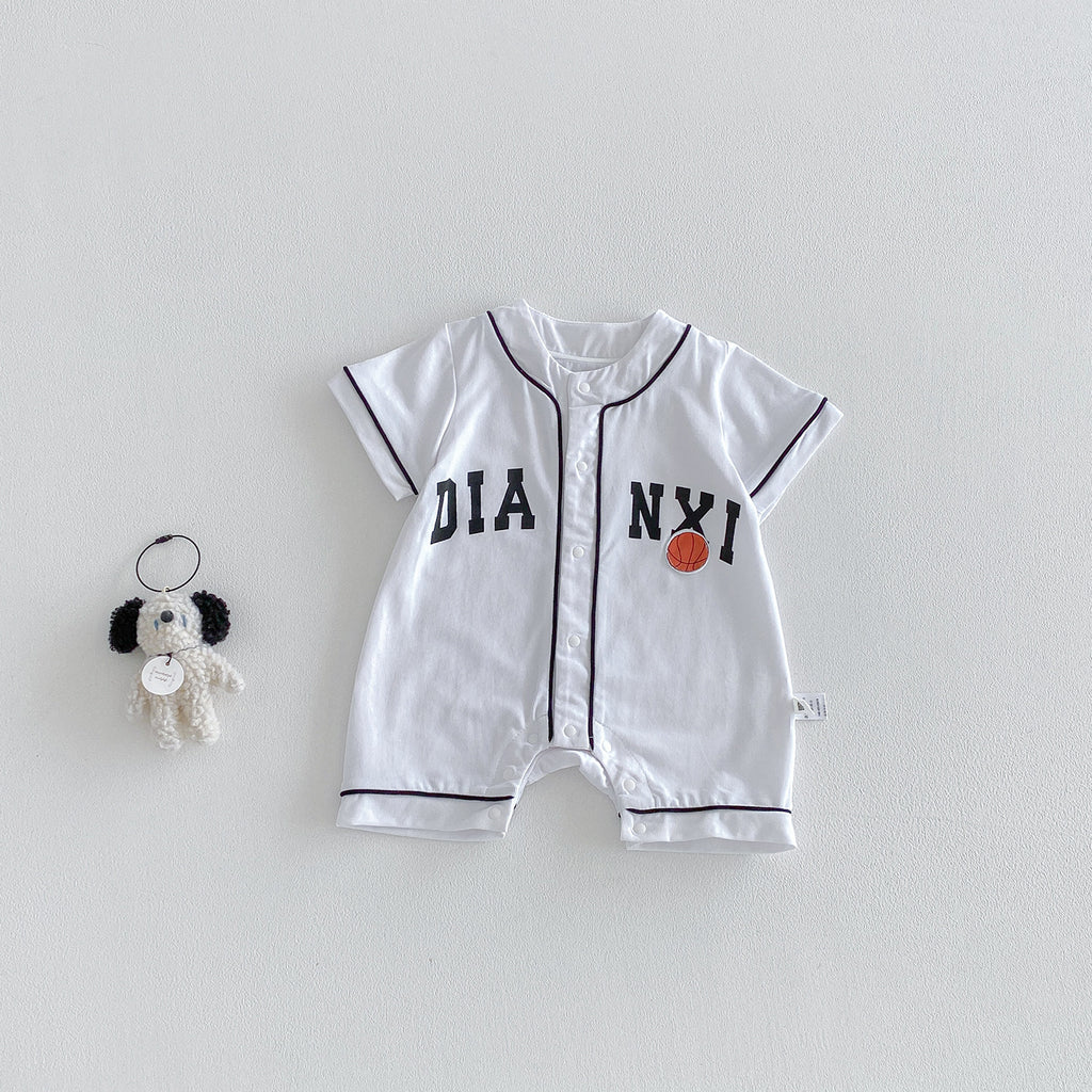Baby Summer New  Short Sleeve Bodysuit with Basketball Applique Knit Open-Crotch Romper