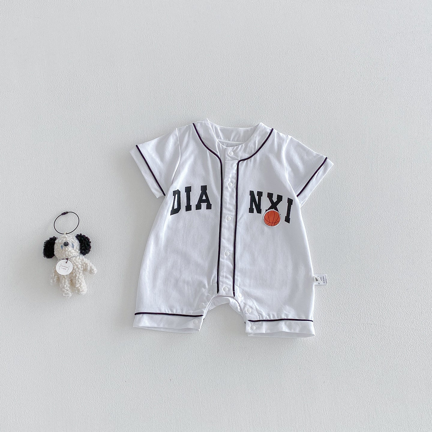 Baby Summer New  Short Sleeve Bodysuit with Basketball Applique Knit Open-Crotch Romper