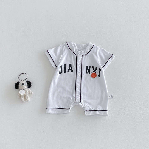 White baby short-sleeve bodysuit romper with basketball applique, black trim, snap front, open crotch
