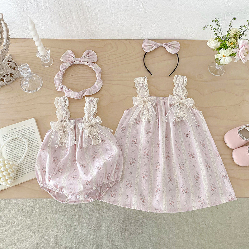 Cute Floral Baby Girl Romper with Lace Butterfly Ties Sleeveless Dress for Summer