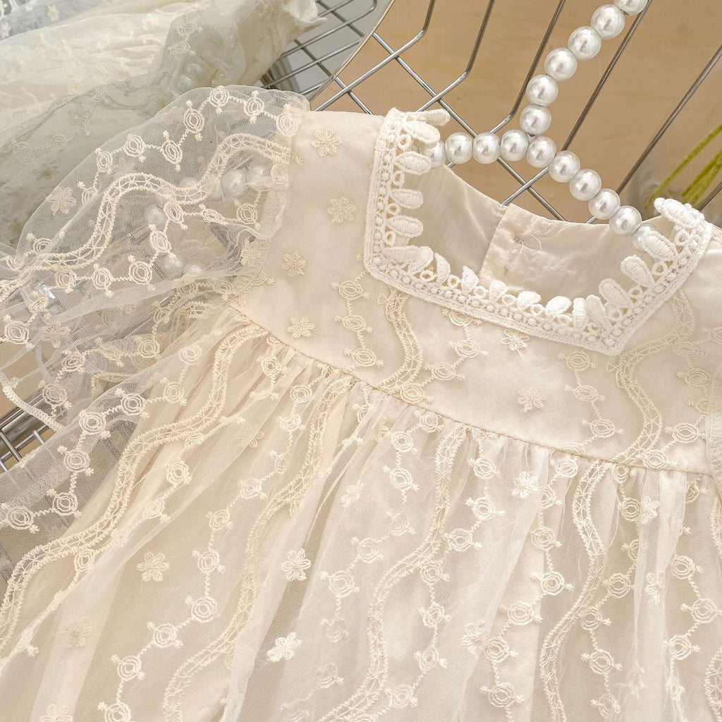 Baby Romper Short Sleeve Mesh Onesie Sweet Princess Embroidered Baby Dress Outfit for Celebration Crawling Suit