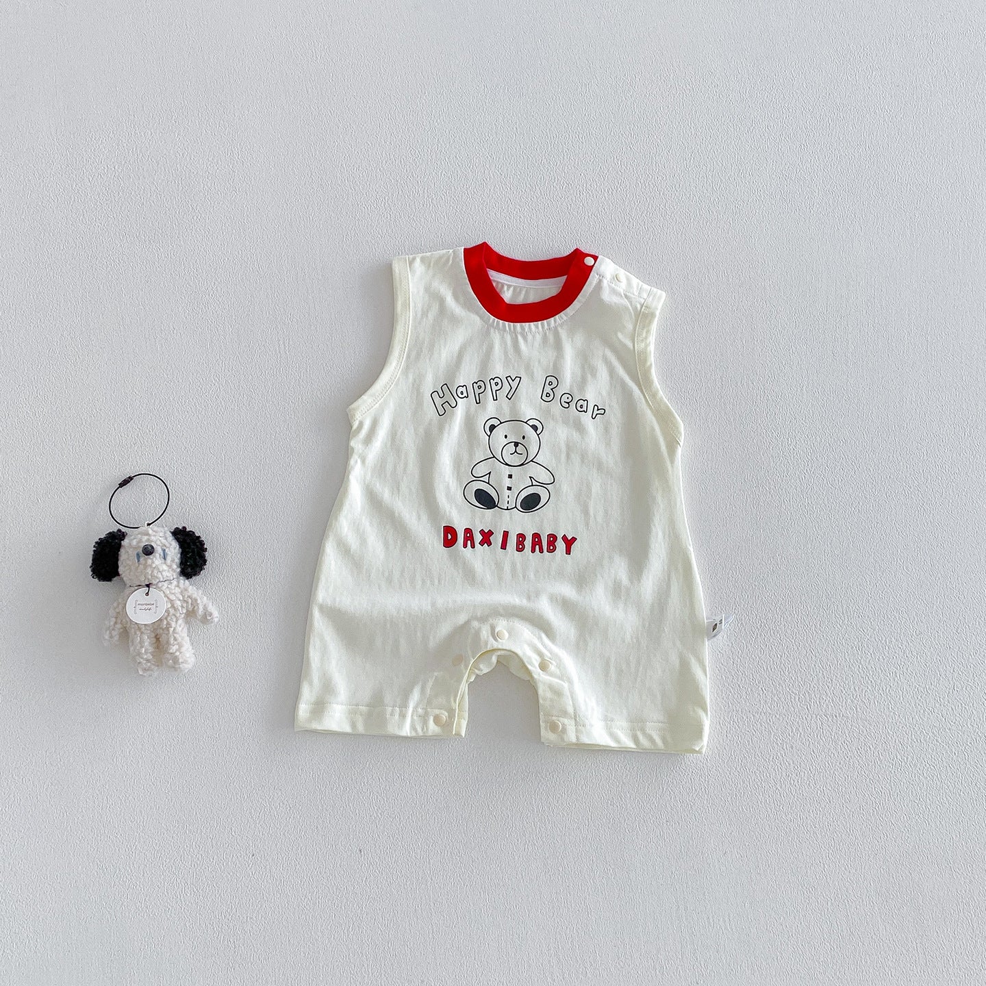 Cute Cartoon Bear Print Baby Romper Knitted Sleeveless Bodysuit for Summer, Fashionable Infant One-Piece Clothes