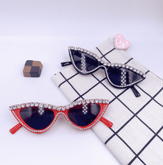 Kids rhinestone cat-eye sunglasses, navy and red frames