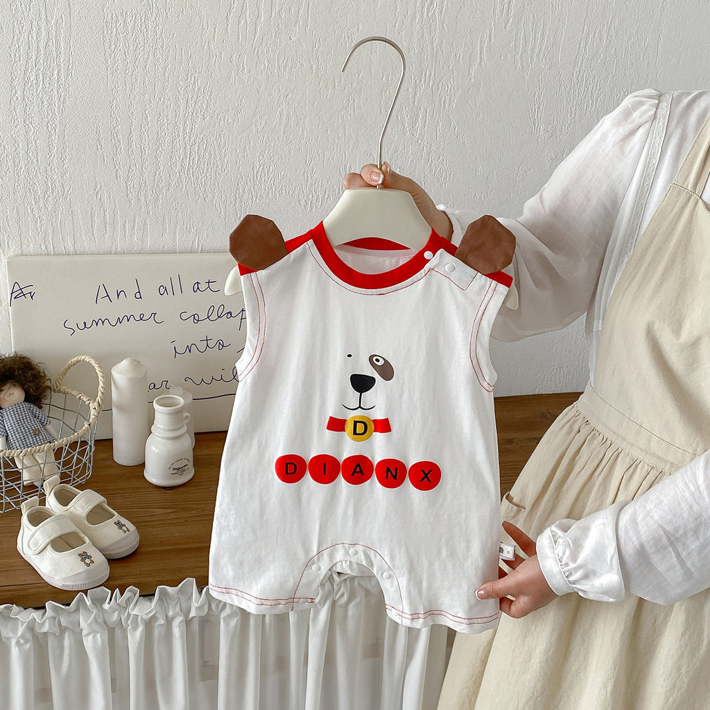 Baby Summer New Cartoon Dog Sleeveless Romper, Baby Casual Breathable Letter Romper