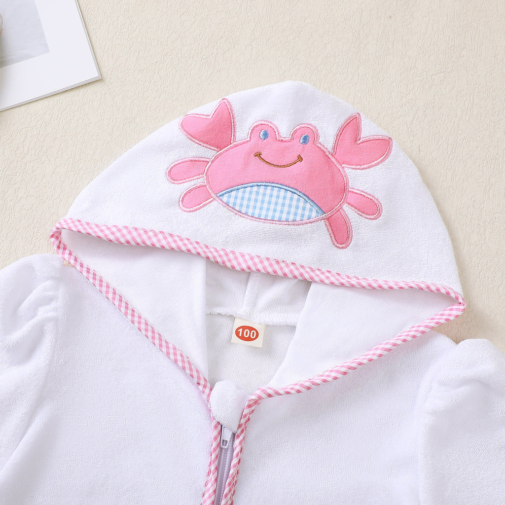 Summer Girls' Hooded Romper Crab Kids Swim Embroidered Cover-Up Baby Beach Towel Bathrobe