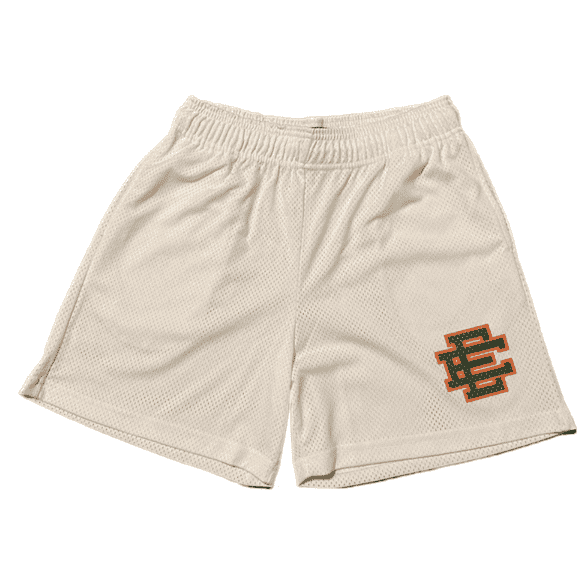 Boys cream mesh sports shorts with elastic waist and embroidered side logo