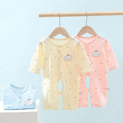 Baby cotton jumpsuit set in cream, pink, and light blue with cloud chest patches