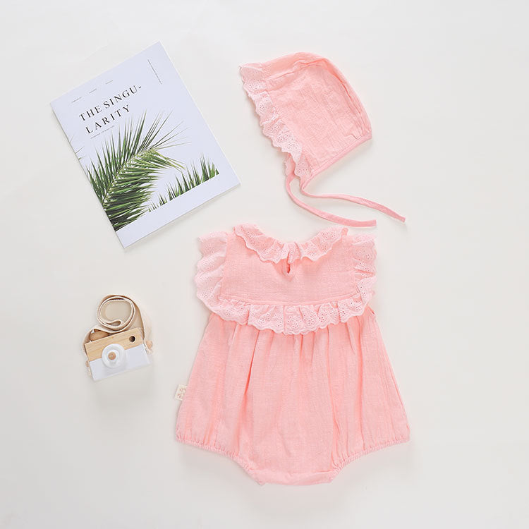 Baby Summer Lightweight Onesie for Girls with Lace Trim and Hat, Pure Cotton