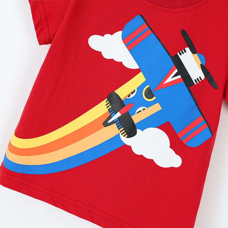 Plane Print Short Sleeve Round Neck Kids T-shirt