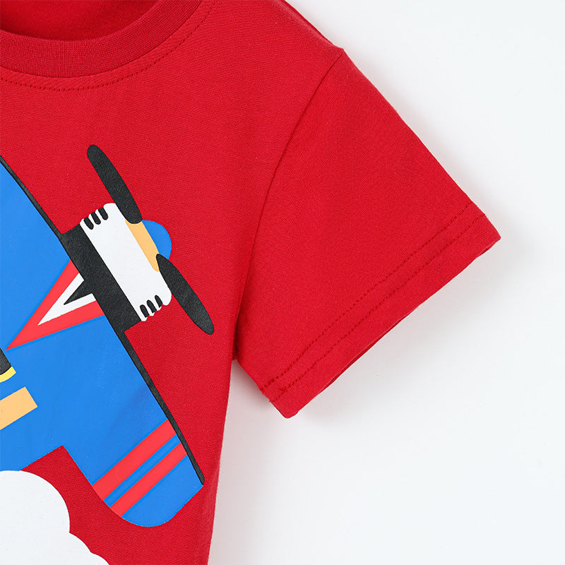 Plane Print Short Sleeve Round Neck Kids T-shirt