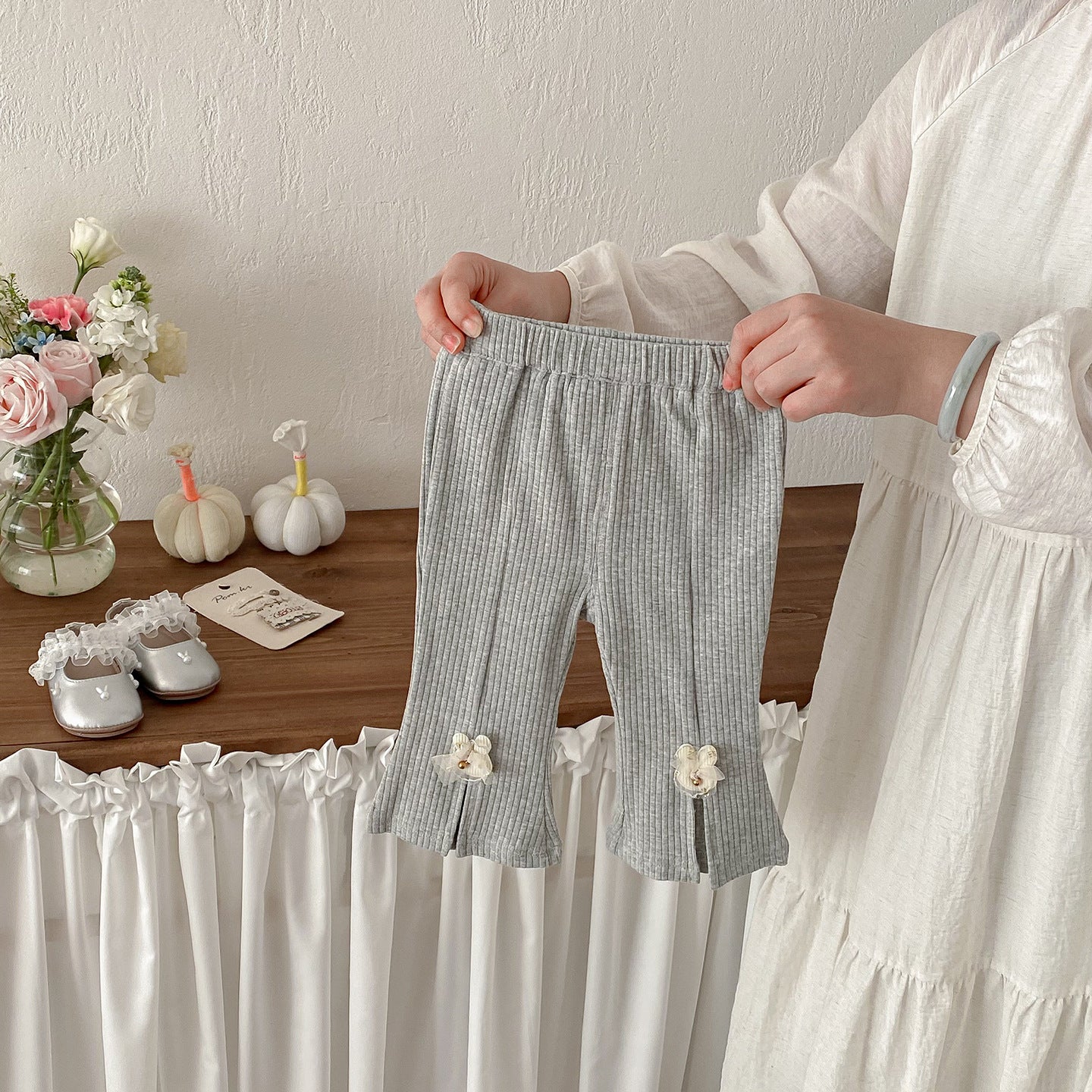 Cute Butterfly Knot Knit Pants for Baby Girls, Spring New Style, Forked Cuff Design, Fashionable and Versatile