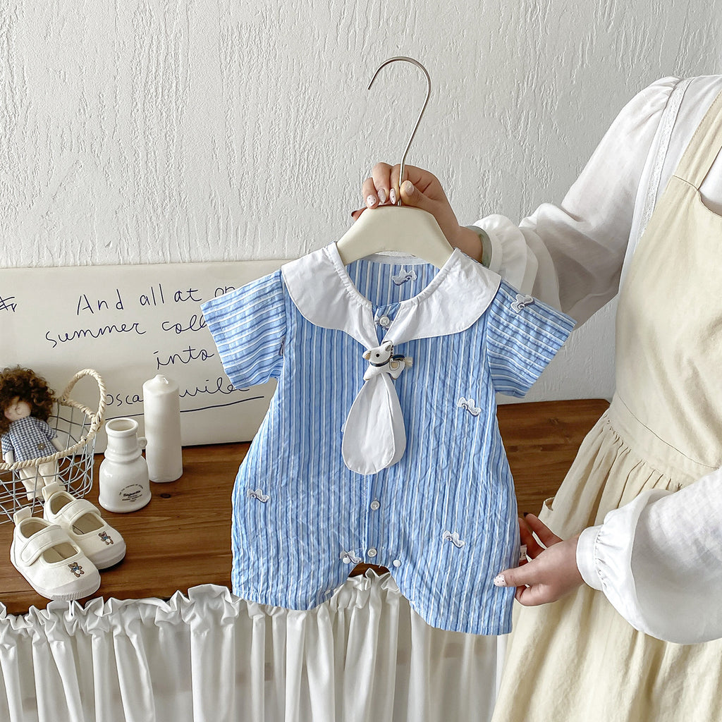 Cute Cartoon Embroidered Stripe Turn-Down Collar Short Sleeve Romper Baby Casual One-Piece