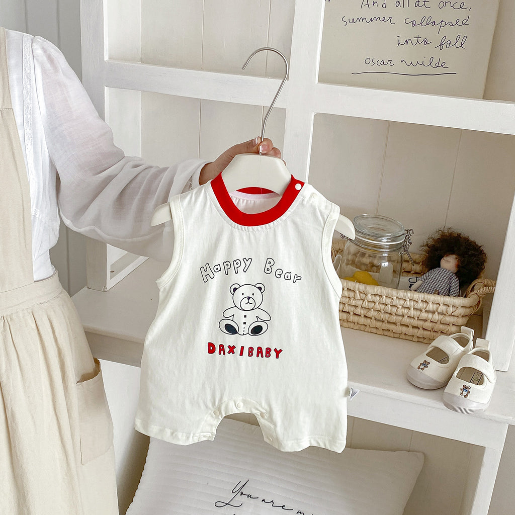 Cute Cartoon Bear Print Baby Romper Knitted Sleeveless Bodysuit for Summer, Fashionable Infant One-Piece Clothes